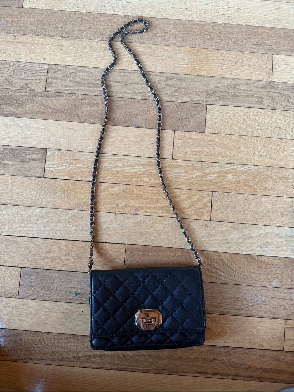 Quilted Black Chain Shoulder Bag with Gold-Tone Lock
